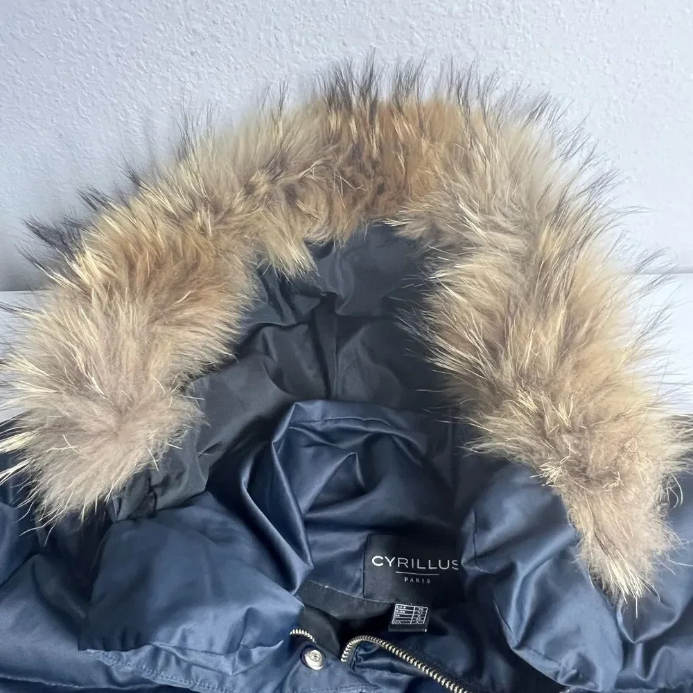 Cyrillus Paris Hooded Puffer Coat Down raccoon fur size 6